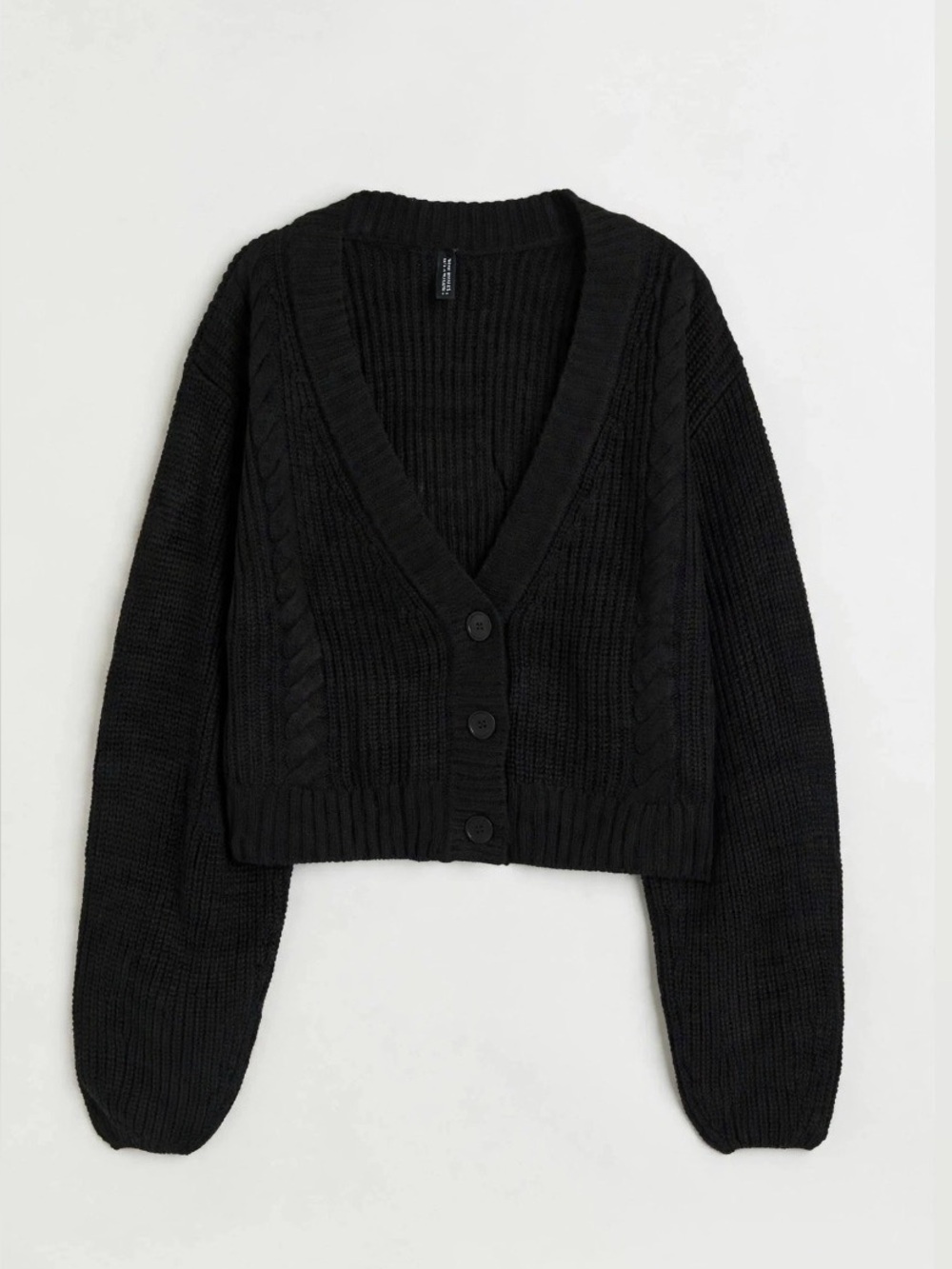 H&M BLACK CROPPED CHUNKY KNIT V NECK CARDIGAN SWEATER CABLE DETAIL S
